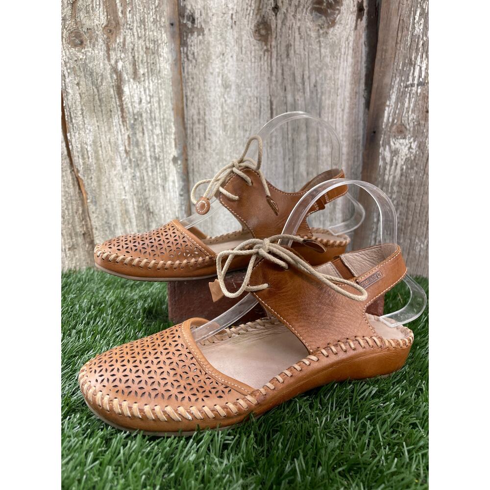 PIKOLINOS Tan Leather Perforated Slingback Sandals